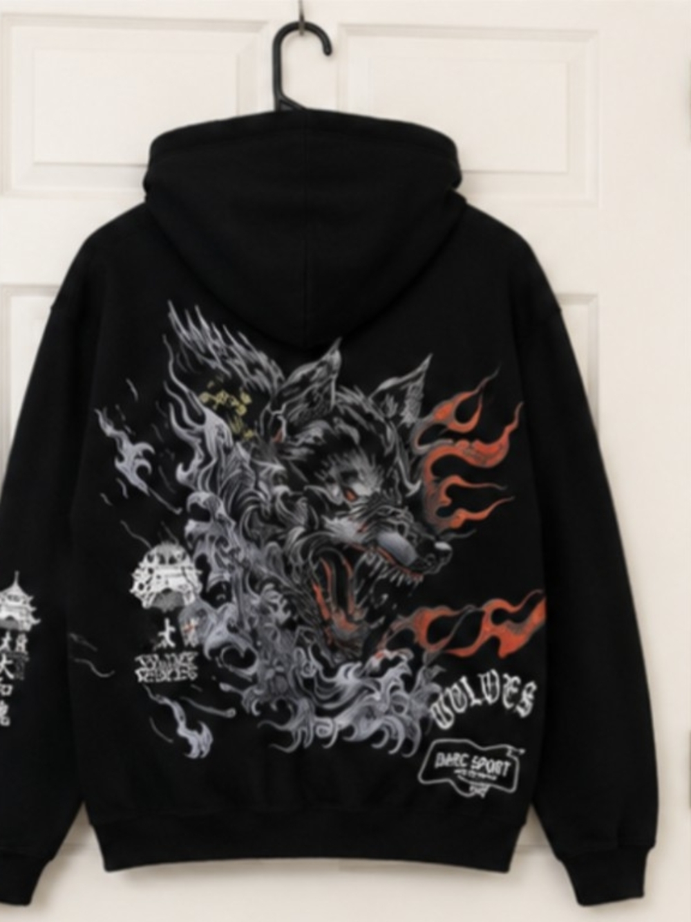 Darc Sport X Bushido Ch 2 Black Graphic Hoodie with Wolf Flame Design In Size M